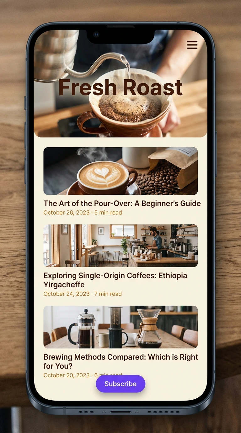 Example blog website called Fresh Roast dot co mobile view