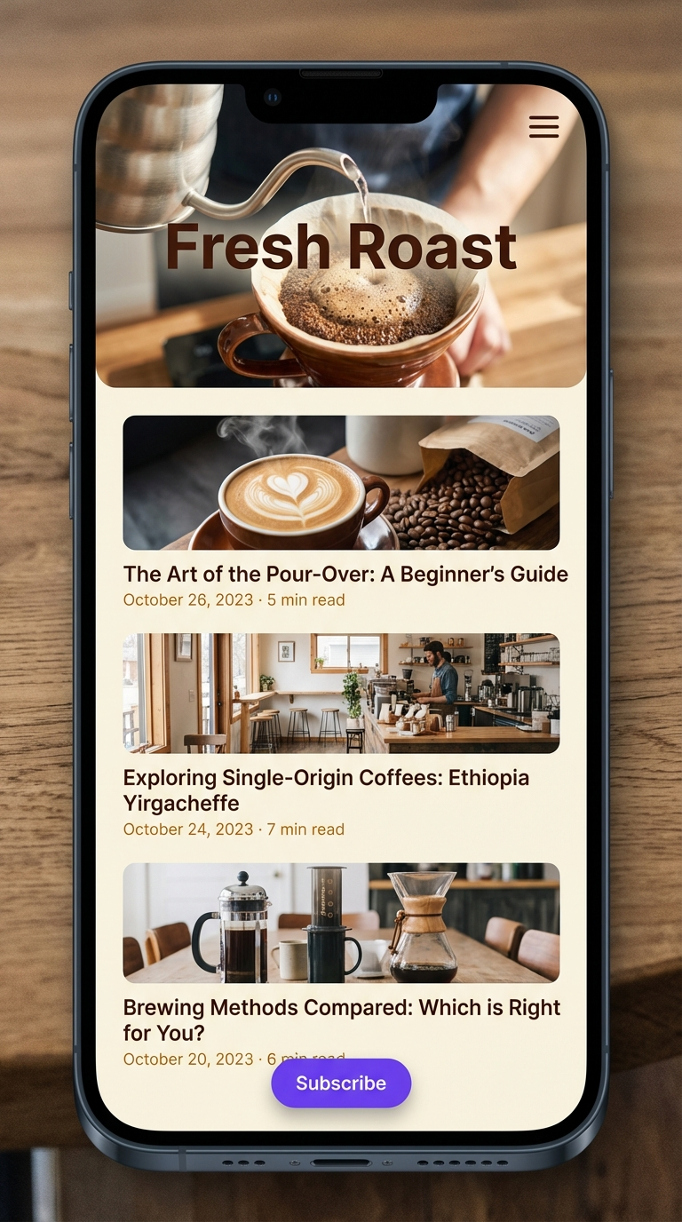 Example blog website called Fresh Roast dot co mobile view