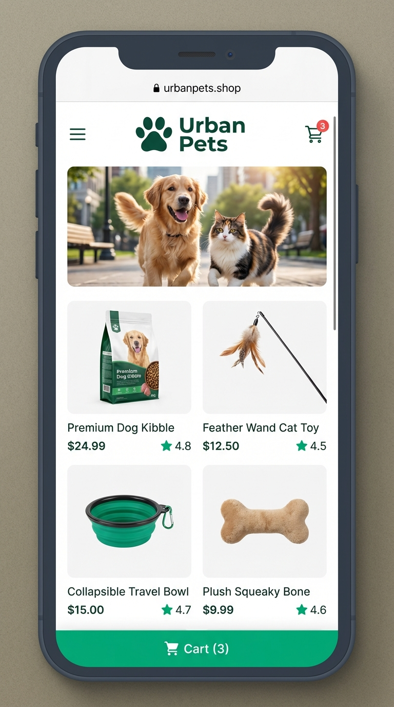 Example e-commerce website called Urban Pets dot shop mobile view