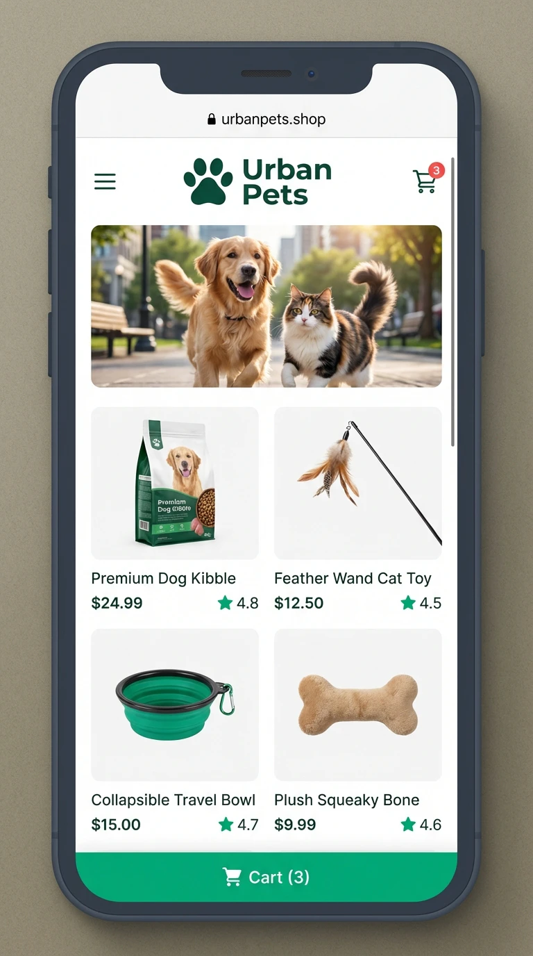 Example e-commerce website called Urban Pets dot shop mobile view