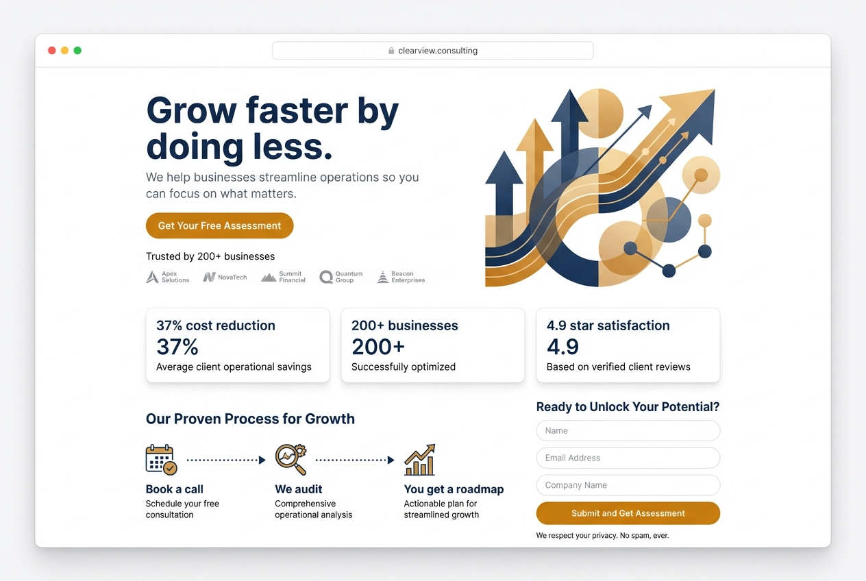 Example lead generation website called Clearview dot consulting desktop view