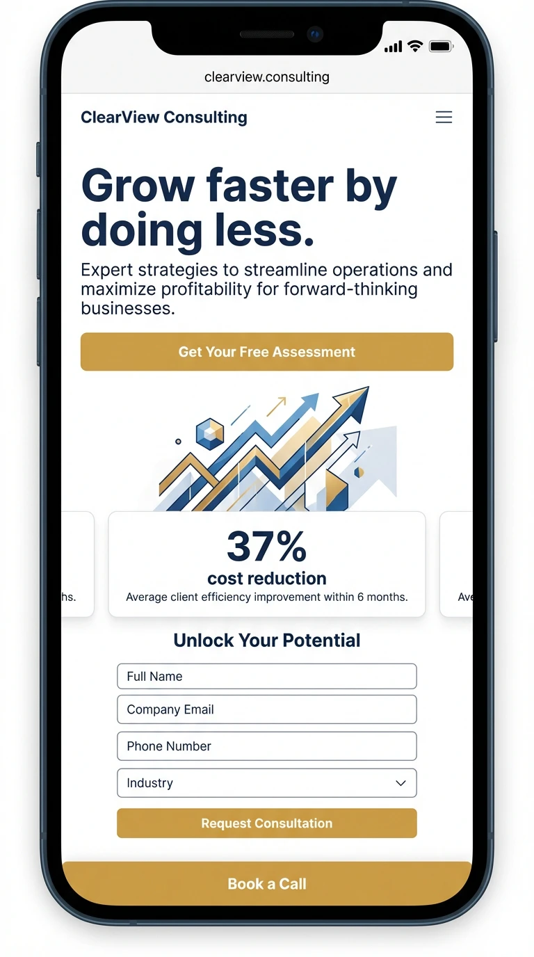 Example lead generation website called Clearview dot consulting mobile view