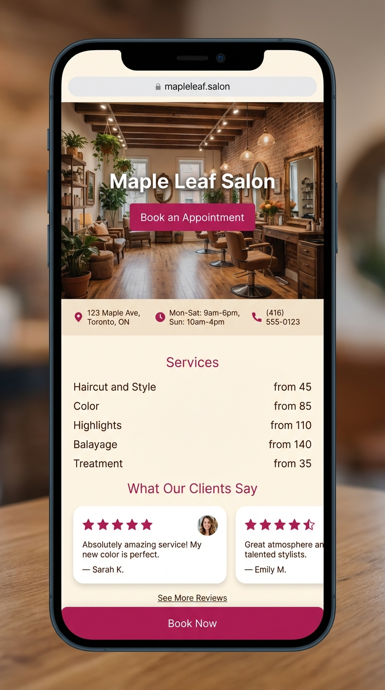 Example local business website called Maple Leaf dot salon mobile view