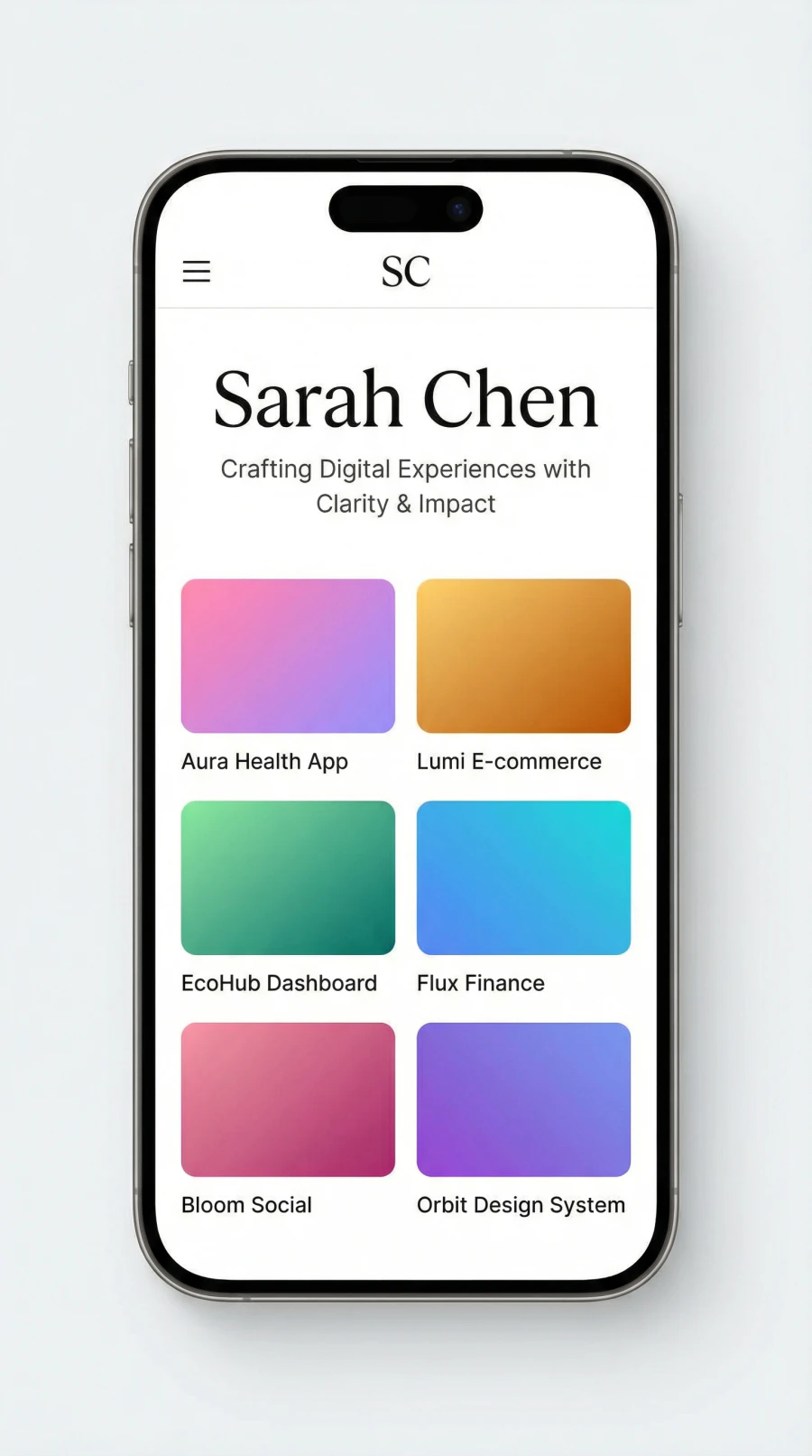 Example portfolio website called Sarah Designs dot co mobile view