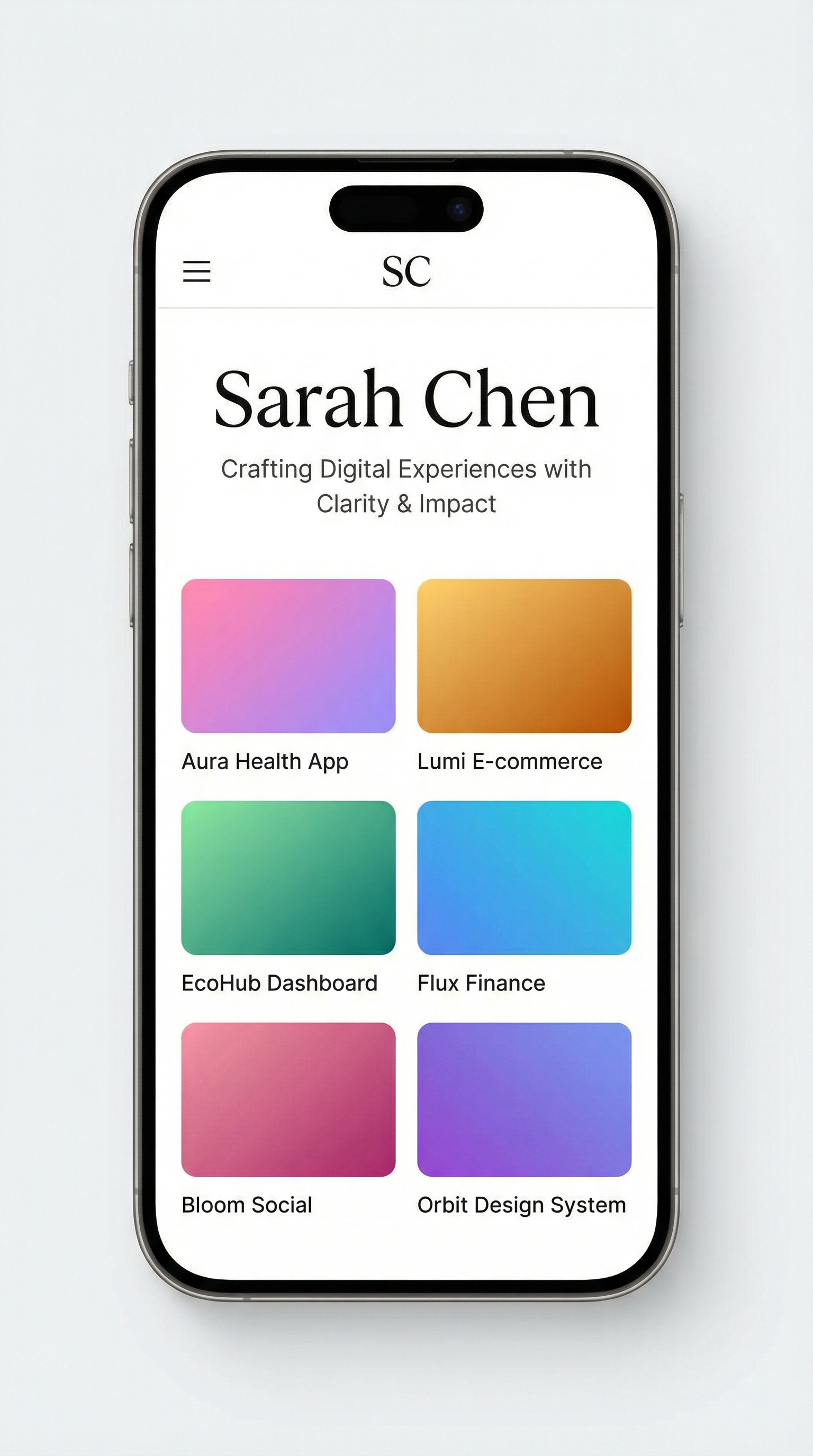 Example portfolio website called Sarah Designs dot co mobile view
